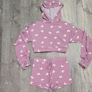 Pink Butterfly Hoodie and Shorts Set